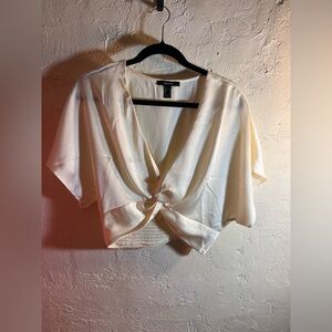 Cream Faux Tie-Front Blouse satin like vneck minimalist layer elastic band M